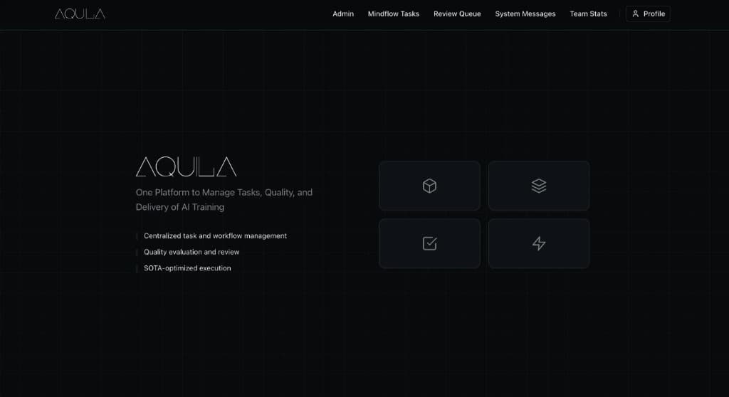 Aquila platform landing page with task management, quality evaluation, and AI training workflow features