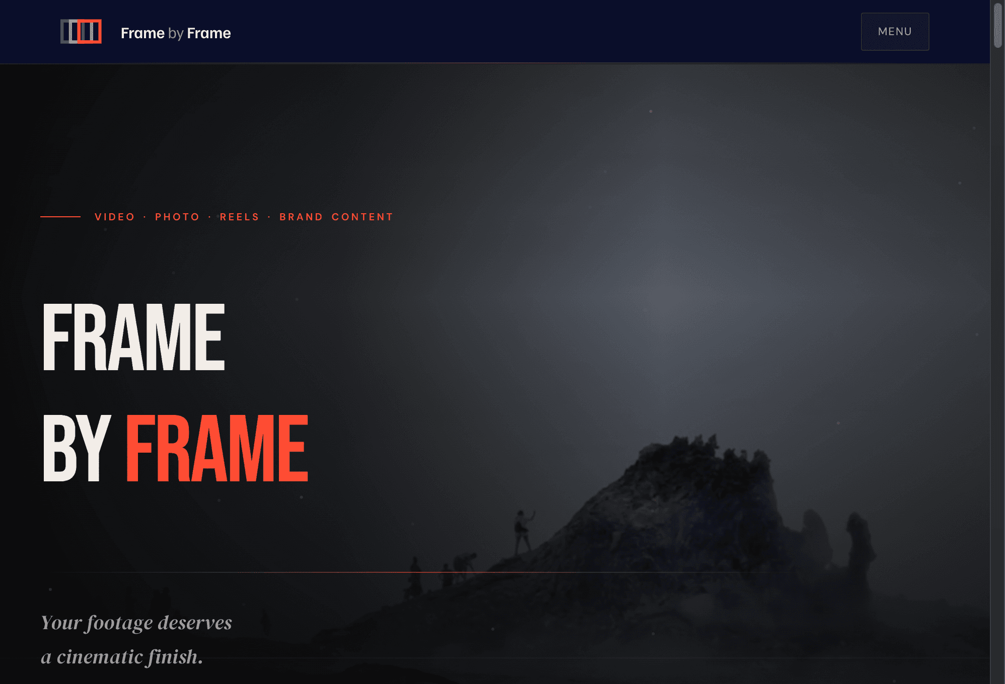Frame by Frame homepage hero with cinematic background and bold typography