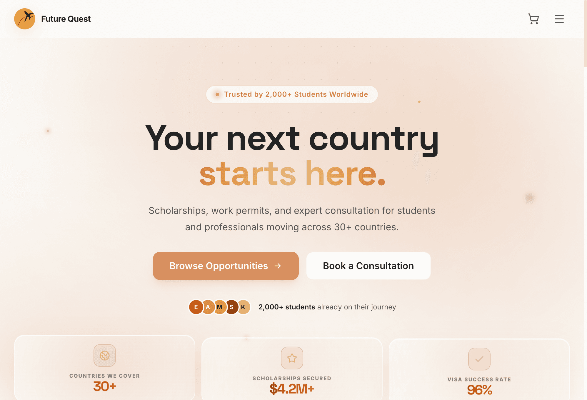 Future Quest homepage hero with headline, CTAs, and global education statistics