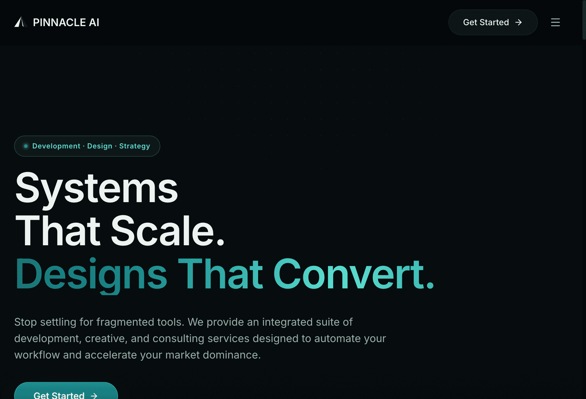 PINNACLE AI homepage hero with teal gradient headline and Get Started CTA